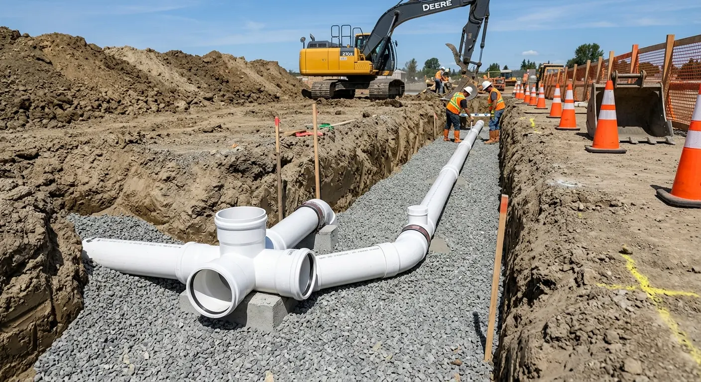 New PVC sewer pipe installation in open trench for Sewer Backup in Palm City