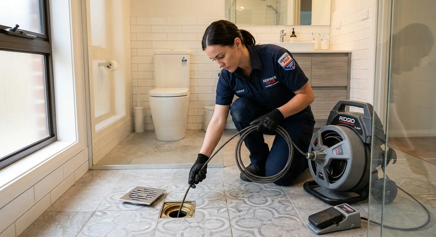 Technician clearing a bathroom floor drain for Sewer Line Replacement in Palm City